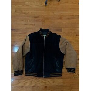 Large Autumn Trails Mens Black Suede Leather Varsity Bomber‎ Jacket Tan Sleeves